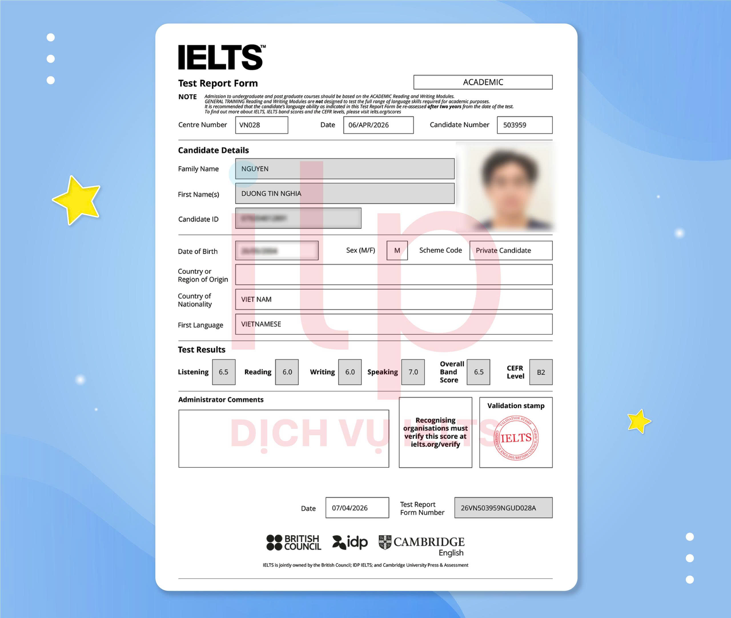 NGUYỄN DƯƠNG TÍN NGHĨA ĐẠT IELTS 6.5 OVERALL VỚI DỊCH VỤ IELTS