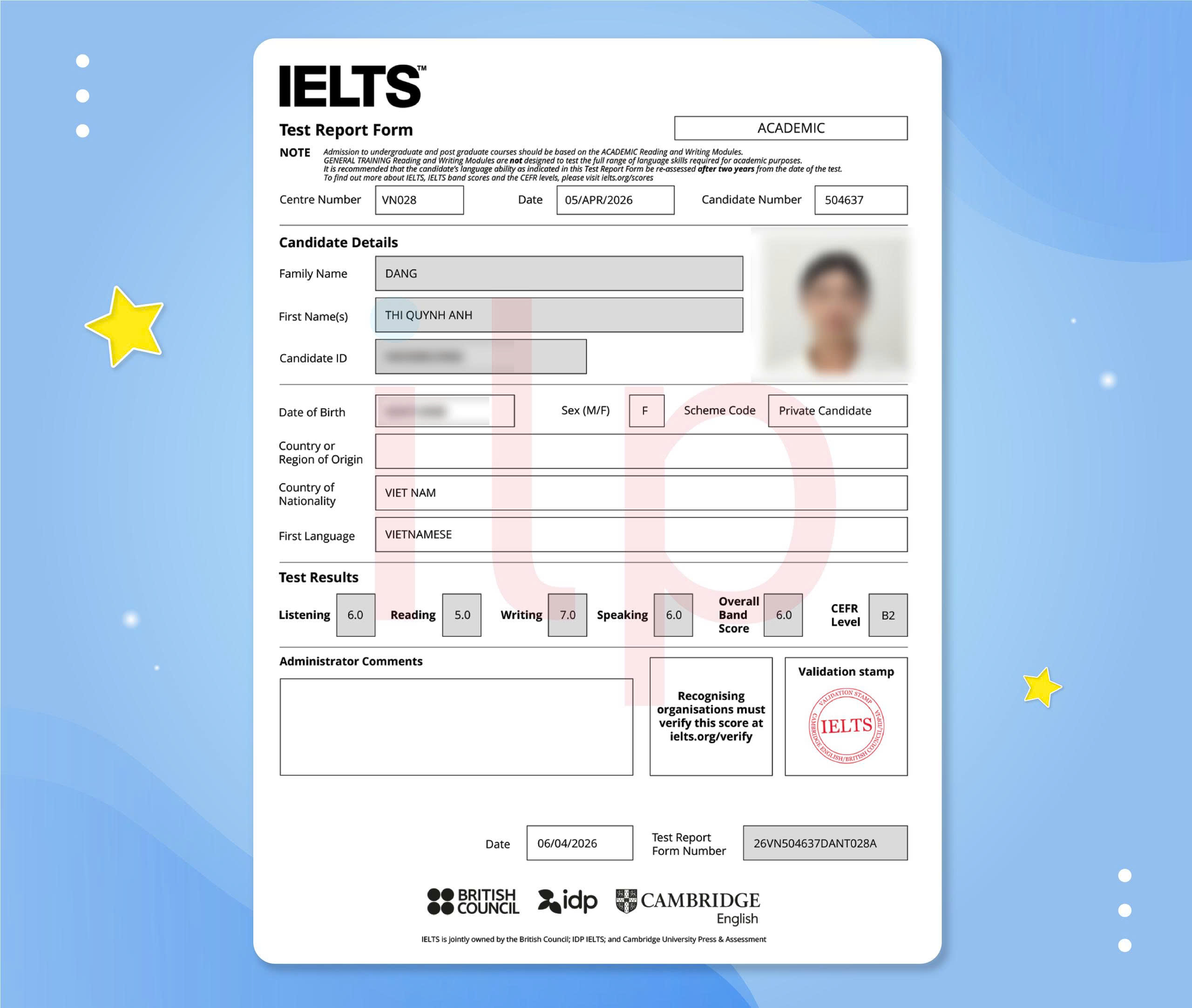 ĐẶNG THỊ QUỲNH ANH ĐẠT IELTS 7.0 OVERALL VỚI DỊCH VỤ IELTS
