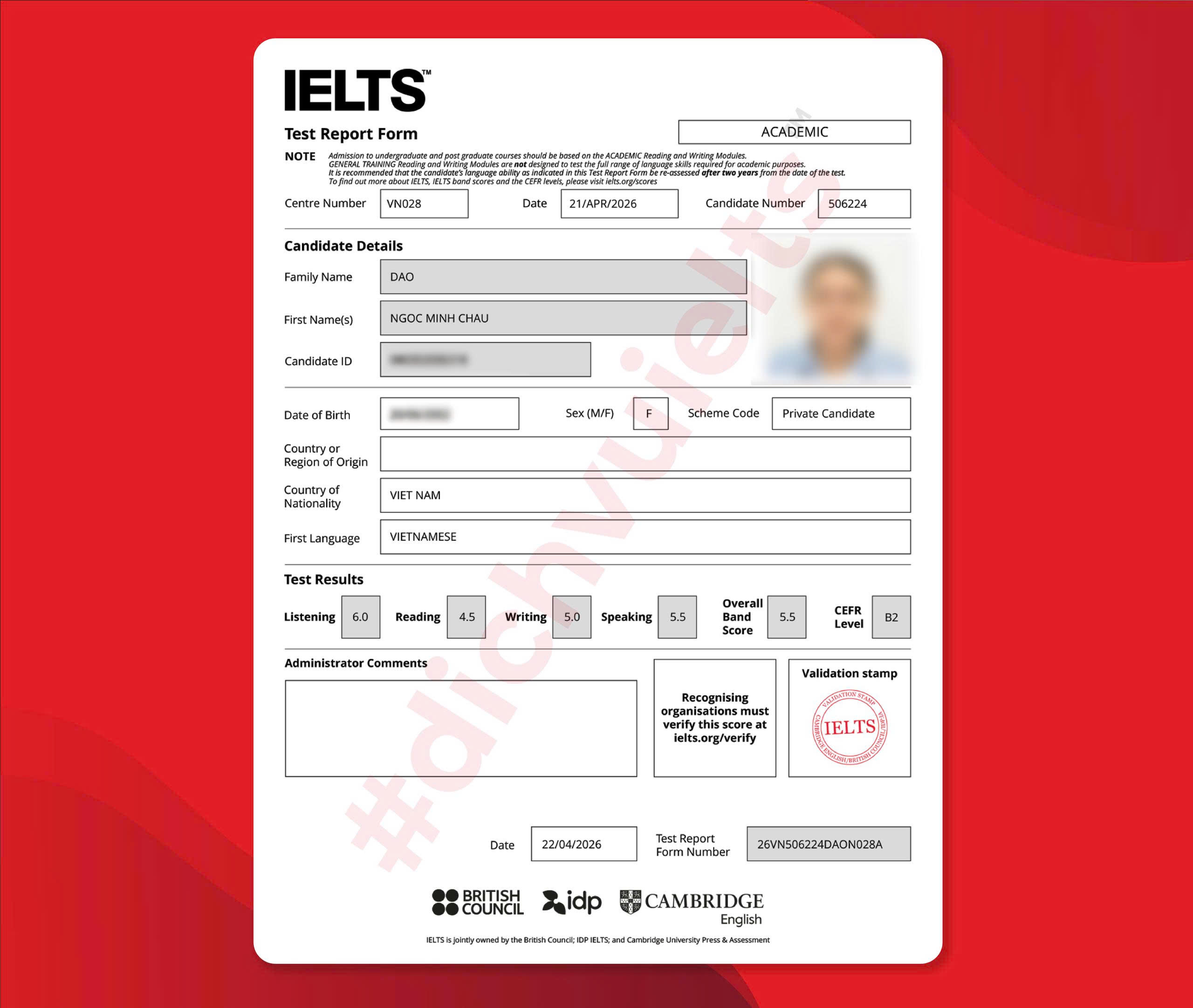 ĐÀO NGỌC MINH CHÂU ĐẠT IELTS 5.5 OVERALL VỚI DỊCH VỤ IELTS