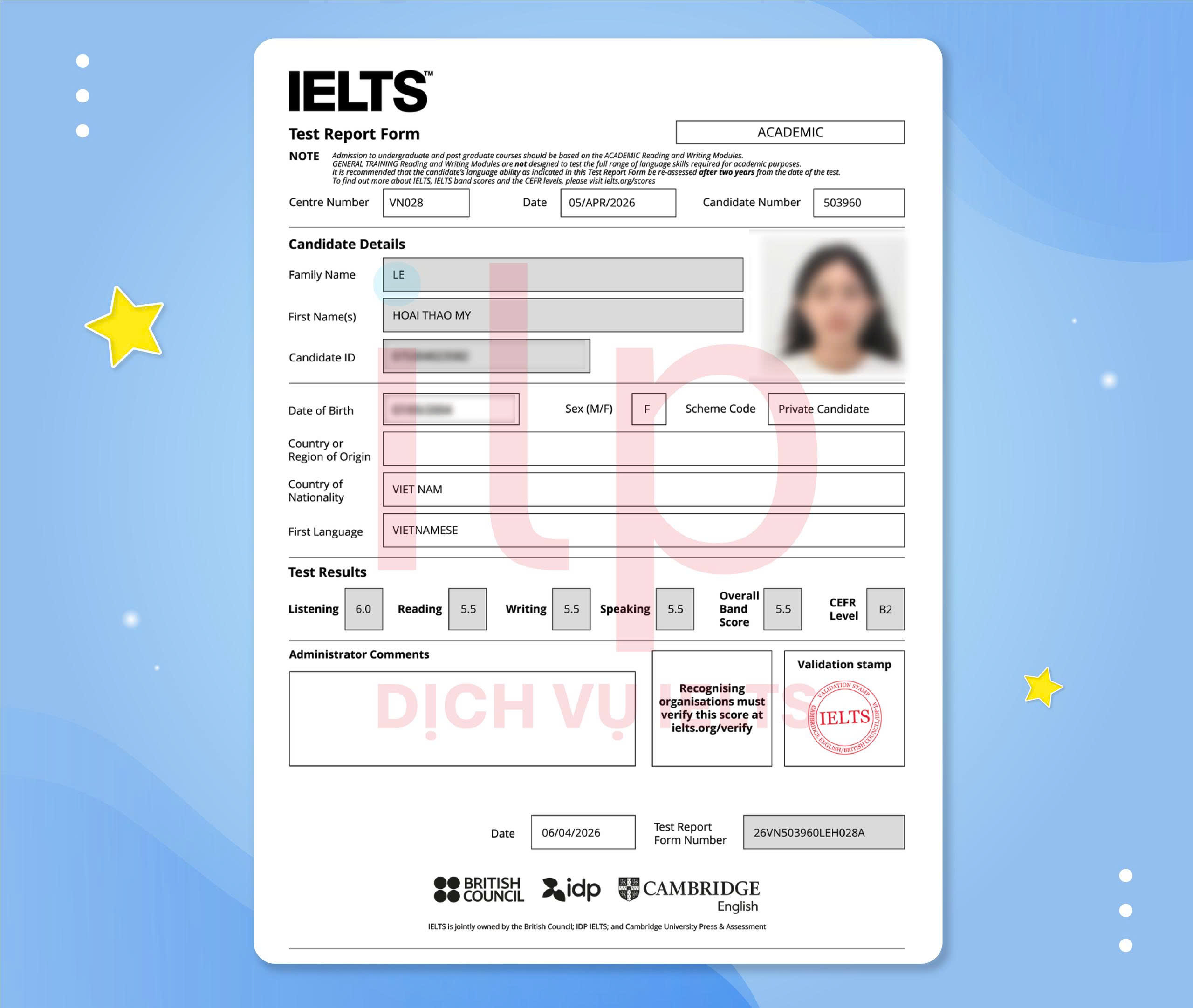 LÊ HOÀI THẢO MY IELTS 5.5 OVERALL VỚI DỊCH VỤ IELTS