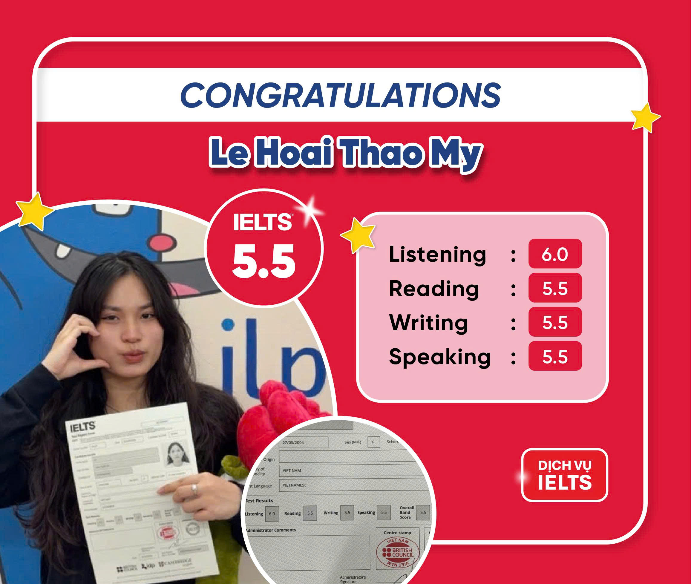 LÊ HOÀI THẢO MY IELTS 5.5 OVERALL VỚI DỊCH VỤ IELTS