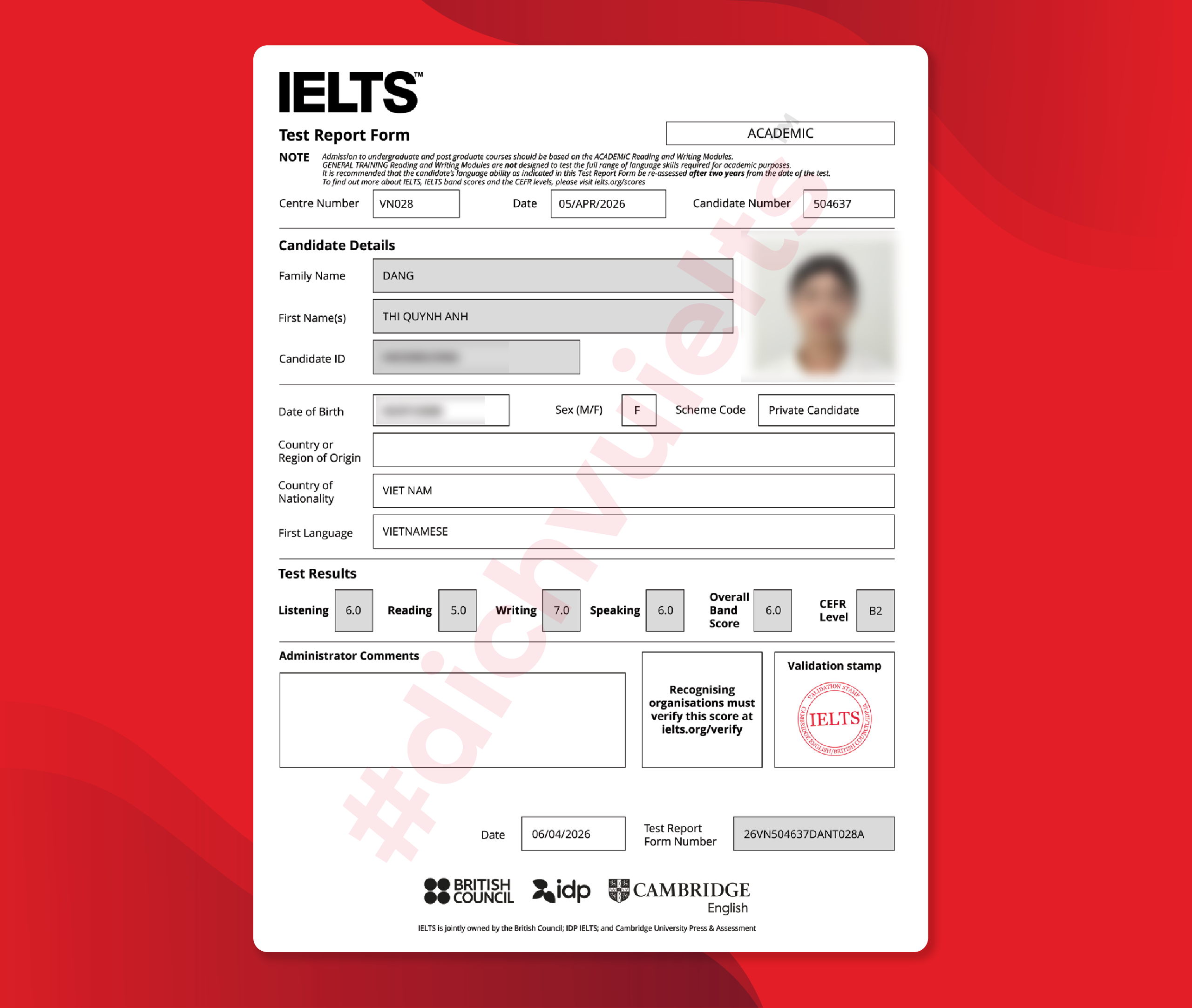 ĐẶNG THỊ QUỲNH ANH ĐẠT IELTS 6.0 OVERALL VỚI DỊCH VỤ IELTS