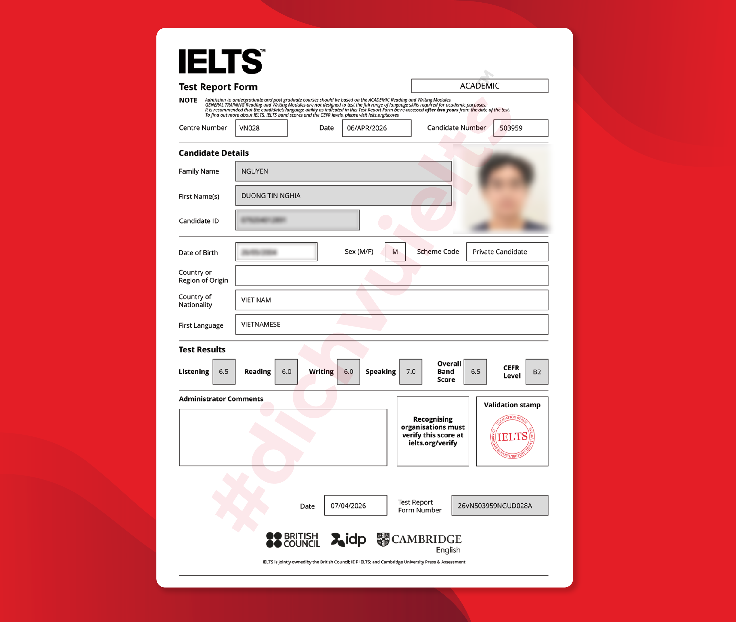 NGUYỄN DƯƠNG TÍN NGHĨA ĐẠT IELTS 6.5 OVERALL VỚI DỊCH VỤ IELTS